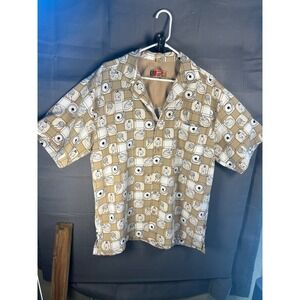 Proto Two-Three Mens Hip Hop Print Button Down Shirt Tan Turntable Mic MED
